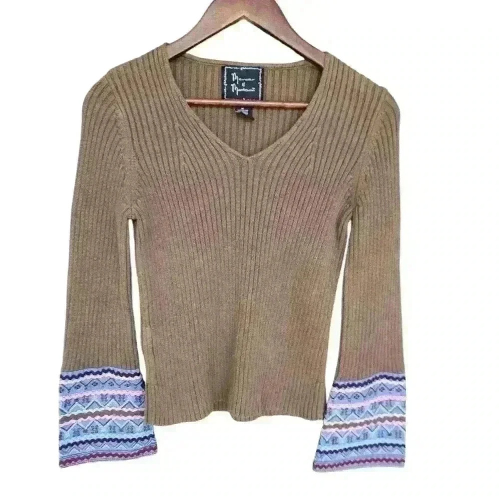 mercer & madison Olive Ribbed V-Neck Sweater with Patterned Bell Cuffs